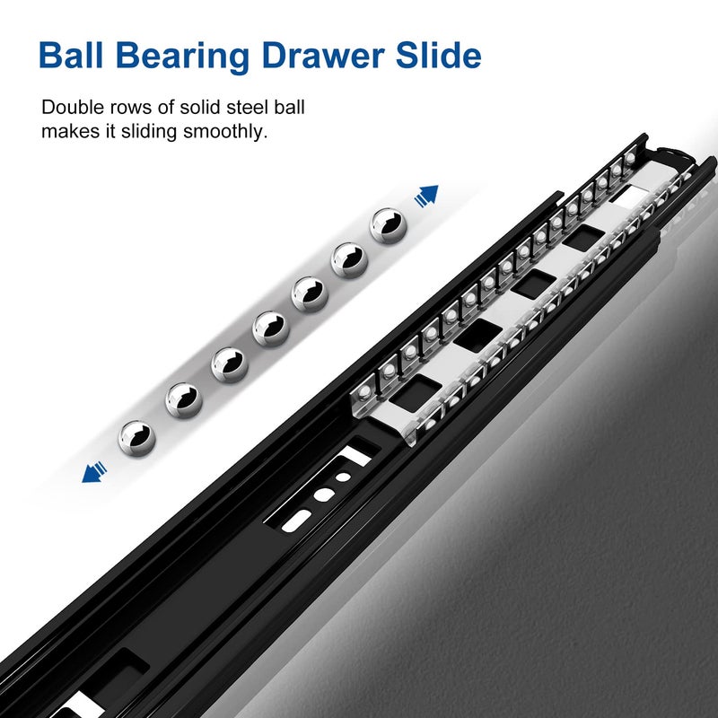 VADANIA 24" Soft Close Drawer Slide, #VK1245, 3-Fold Full Extension, Self Silent Closing, Heavy Duty 100lb Load Capacity, Ball Bearing, Side Mount, Black, 1-Pair - Image 5